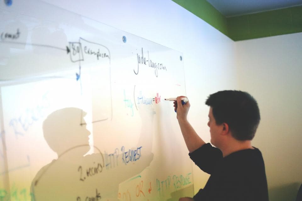 Consultant mapping out a business process on a whiteboard